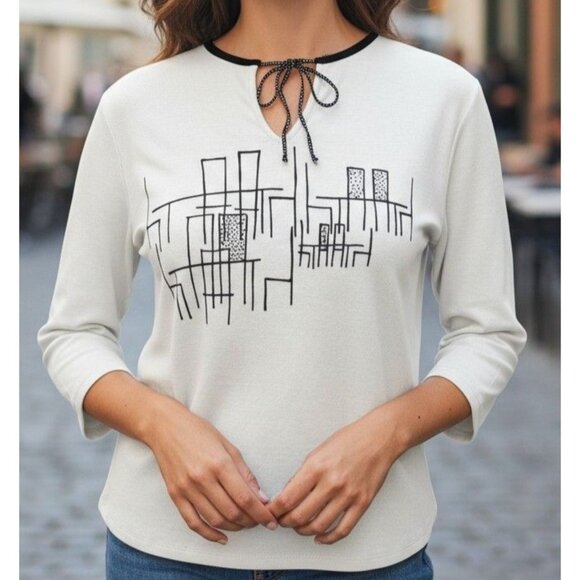 K.D. Spring White 3/4 Sleeve Top  Abstract Black Geometric Design V-Neck  Large - Picture 1 of 16